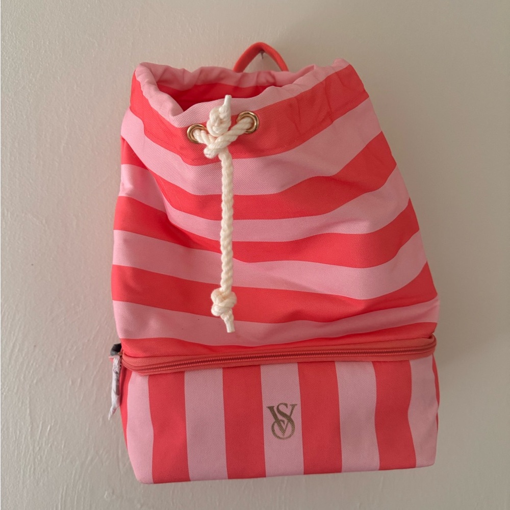 Striped Pink and Salmon/Red Drawstring Backpack with cooler pouch on the bottom!